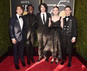 From left: The cast of "Stranger Things," Gaten Matarazzo, Caleb McLaughlin, Finn Wolfhard, Sadie Sink and Noah Schnapp attend the 75th Annual Golden Globe Awards at The Beverly Hilton Hotel on Jan. 7, 2018. (Credit: Alberto E. Rodriguez / Getty Images)