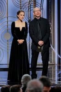 Presenters Natalie Portman and Ron Howard speak onstage during the 75th Annual Golden Globe Awards at The Beverly Hilton Hotel on Jan. 7, 2018 (Credit: Paul Drinkwater/NBCUniversal via Getty Images)