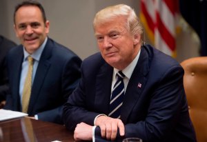 President Donald Trump speaks alongside Kentucky Governor Matt Bevin, left, during a meeting on prison reform in the Roosevelt Room of the White House in Washington, DC, January 11, 2018. (Credit: SAUL LOEB/AFP/Getty Images)