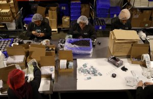 Workers package marijuana infused chocolate edibles at Kiva Confections in Oakland on Jan. 16, 2018. (Credit: Justin Sullivan / Getty Images)