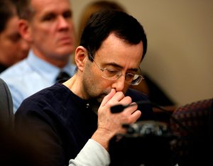 Former Michigan State University and USA Gymnastics doctor Larry Nassar addresses the court during the sentencing phase in Ingham County Circuit Court on January 24, 2018 in Lansing, Michigan. (Credit: JEFF KOWALSKY/AFP/Getty Images)