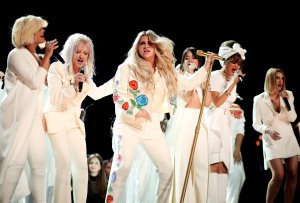 Bebe Rexha, Cyndi Lauper, Kesha; Camila Cabello, Andra Day, Kesha and Julia Michaels perform during the 60th Annual GRAMMY Awards at Madison Square Garden on Jan. 28, 2018 in New York. (Credit: Christopher Polk/Getty Images for NARAS)