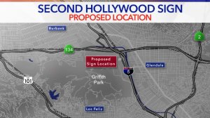 An illustration shows where a proposed replica of the Hollywood Sign would be built. (Credit: KTLA)