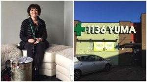 Rita Tsalyuk sits inside the Coffee Joint, her soon-to-open shop that will allow patrons to consume pot edibles and use marijuana vape pens. Next door is her recreational dispensary, 1136 Yuma. (Credit: Kurtis Lee / Los Angeles Times)