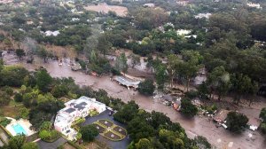 Aerial view of mud and debris flow down Randall Road, where homes were damaged or destroyed. (Credit: Ventura County Sheriff Air Unit)