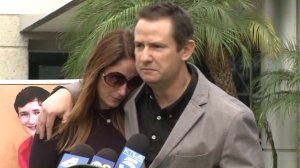 From left: Jeanne Pepper-Bernstein and Gideon Bernstein, the parents of Blake Bernstein, appear at a press conference following the announcement of their son’s death, Jan. 10, 2018. (Credit: KTLA)