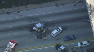 A wrong-way driver caused a multivehicle crash on the 210 Freeway in Claremont on Jan. 22, 2018. (Credit: KTLA)