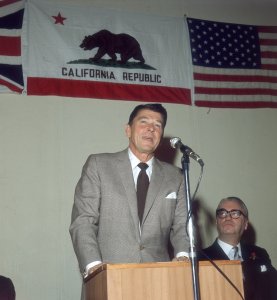 Governor of California and future President of the U.S. Ronald Reagan is seen speaking at a lunch in London in 1969. (Credit: Mike Lawn/Fox Photos/Getty Images)