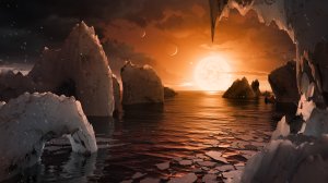 In this NASA digital illustration handout released on Feb. 22, 2017, an artist's concept allows us to imagine what it would be like to stand on the surface of the exoplanet TRAPPIST-1f, located in the TRAPPIST-1 system in the constellation Aquarius.