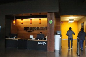 A reception desk is seen at Amazon offices discretely tucked into a building called Fiona in downtown Seattle, Washington, on May 11, 2017. (Credit: GLENN CHAPMAN/AFP/Getty Images)