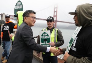 California State Treasurer John Chiang greets union carpenters during a campaign event near the Golden Gate Bridge on June 7, 2017 in San Francisco. (Credit: Justin Sullivan/Getty Images)