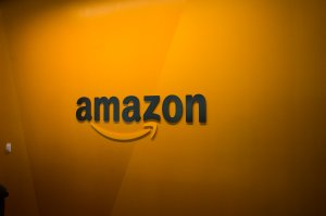 An Amazon logo is seen inside the Amazon corporate headquarters on June 16, 2017, in Seattle. (Credit: David Ryder/Getty Images)