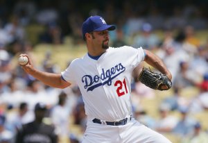 Esteban Loaiza of the Los Angeles Dodgers pitches against the Colorado Rockies at Dodger Stadium on April 27, 2008 in Los Angeles. (Credit: Lisa Blumenfeld/Getty Images)