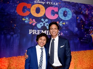 Actors Anthony Gonzalez, left, and Benjamin Bratt arrive at the premiere of Disney Pixar's "Coco" at the El Capitan Theatre on Nov. 8, 2017 in Los Angeles. (Credit: Kevin Winter/Getty Images)