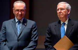 US Senate Majority Leader Mitch McConnell (R) and US Senate Minority Leader Chuck Schumer (L) on Capitol Hill in Washington, DC, November 9, 2017. (Credit: SAUL LOEB/AFP/Getty Images)