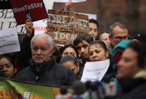 Demonstrators, many of them recent immigrants to America, protest the government shutdown and the lack of a deal on DACA outside of Federal Plaza New York City on Jan. 22, 2018. (Credit: Spencer Platt / Getty Images)