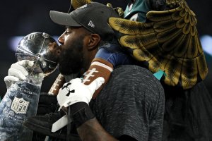 Malcolm Jenkins of the Philadelphia Eagles kisses the Vince Lombardi Trophy after defeating the New England Patriots 41-33 in Super Bowl LII at U.S. Bank Stadium on February 4, 2018 in Minneapolis, Minnesota. (Credit: Patrick Smith/Getty Images)