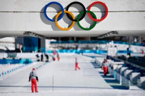 The Olympic Rings are pictured at the biathlon shooting range ahead of the Pyeongchang 2018 Winter Olympic Games on Feb. 7, 2018. (Credit: Jonathan Nackstrand / AFP / Getty Images)