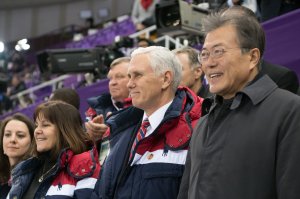 Vice President Mike Pence (center), his wife Karen and President of South Korea Moon Jae-in (right) watch short track speed skating at Gangneung Ice Arena on Feb. 10, 2018 in Gangneung, South Korea. (Credit: Carl Court/Getty Images)