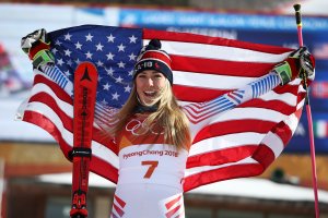 Mikaela Shiffrin of the United States poses on the podium at the Pyeongchang 2018 Winter Olympic Games at Yongpyong Alpine Centre on Feb. 15, 2018 in Pyeongchang-gun, South Korea. (Credit: Ezra Shaw/Getty Images)