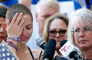 Marjory Stoneman Douglas High School student Emma Gonzalez reacts during her speech at a rally for gun control at the Broward County Federal Courthouse in Fort Lauderdale, on Feb. 17, 2018. (Credit: Rhona Wise /AFP/Getty Images)