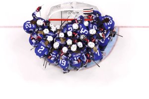 Team United States huddles on the ice prior to the women's gold medal game against Canada at the PyeongChang 2018 Winter Olympics on Feb. 22, 2018. (Credit: Jamie Squire / Getty Images)