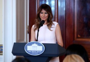 First Lady Melania Trump speaks at a luncheon for governors spouses in the Blue Room at the White House, on February 26, 2018 in Washington, DC. (Credit: Mark Wilson/Getty Images)