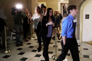 Students and alumni from Marjory Stoneman Douglas High School in Parkland, Fla., arrive for a meeting with Speaker Paul Ryan at his offices in the U.S. Capitol Feb. 27, 2018, in Washington, D.C. Survivors of the Valentine's Day mass shooting that left 17 students and faculty dead are meeting with lawmakers in the aftermath of the tragedy. (Credit: Chip Somodevilla/Getty Images)