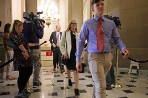Students and alumni from Marjory Stoneman Douglas High School in Parkland, Fla., arrive for a meeting with Speaker Paul Ryan at his offices in the U.S. Capitol Feb. 27, 2018, in Washington, D.C. Survivors of the Valentine's Day mass shooting that left 17 students and faculty dead are meeting with lawmakers in the aftermath of the tragedy. (Credit: Chip Somodevilla/Getty Images)