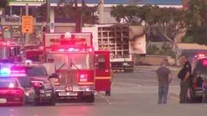 The scene where a semi-truck carrying hydrogen caught fire on Feb. 11, 2018, near Brea Canyon Road is seen here. (Credit: KTLA)
