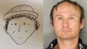 A sketch of a theft suspect in Lancaster, Pennsylvania provided by a witness and a man police believe is responsible for the crime are shown side-by-side. (Credit: Lancaster City Bureau of Police via WPMT)