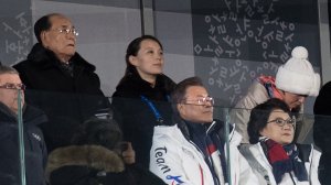 Kim Yo-jong, the sister of North Korean leader Kim Jong-Un stands alongside Kim Yong Nam, North Korea's ceremonial head of state, in the row just above South Korea President Moon Jae-in and his wife, Kim Jung-sook. The Korean leaders watch the opening ceremony of the PyeongChang Winter Olympics on Feb. 9, 2018, in PyeongChang, South Korea. (Credit: Carl Court/Getty Images)