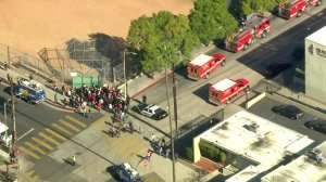 Parents gather near Sal Castro Middle after a shooting at the school on Feb. 1, 2018. (Credit: KTLA)