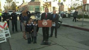 Mayor Eric Garcetti gives a press conference on speed limit changes in Los Angeles on Feb. 28, 2018. (Credit: KTLA)