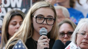 Marjory Stoneman Douglas High School student Delaney Tarr speaks at a rally for gun control at the Broward County Federal Courthouse in Fort Lauderdale, Fla. on Feb. 17, 2018. (Credit: RHONA WISE/AFP/Getty Images)