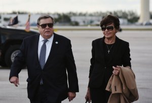 Viktor and Amalija Knavs, parents of first lady Melania Trump, are seen on the tarmac after they stepped off Air Force One upon arrival at West Palm Beach, Florida, on March 17, 2017. (Credit: Mandel Ngan / AFP / Getty Images)