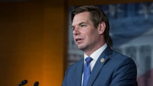 Rep. Eric Swalwell (D-CA) speaks at a news conference, discussing new legislation on U.S. policy toward Russia April 5, 2017, on Capitol Hill in Washington, D.C. (Credit: Zach Gibson/Getty Images)