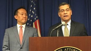 California Atty. General Xavier Becerra, right, and Assemblyman David Chiu at a news conference on Feb. 13, 2018. (Credit: Jazmine Ulloa/ LA Times)