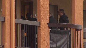 A woman's body was found in a second-floor room of a Quality Inn in Westminster, and homicide detectives were at the scene on Feb. 6, 2018. (Credit: KTLA)