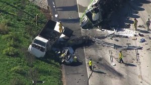At least five vehicles were involved in the fatal wreck that shut down both sides of the 10 Freeway, authorities said. (Credit: KTLA)