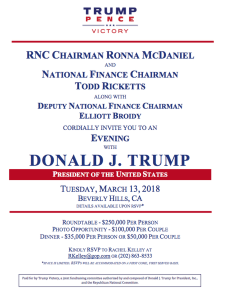 An invitation to a Republican National Committee fundraiser in Beverly Hills on March 12, 2018 lists Donald Trump as a guest. (Credit: Los Angeles Times)