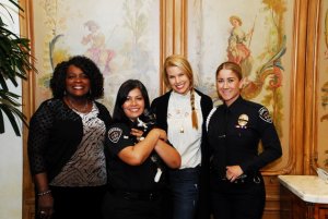 From left: Mayor Acquanetta Warren, Animal Services Officer Jenny Fisher, Beth Stern and Officer Jennie Venzor are seen in a photo released by the Fontana Police Department on March 14, 2018.