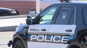 A police SUV is seen outside the Gardena Police Department headquarters on March 26, 2018. (Credit: KTLA)