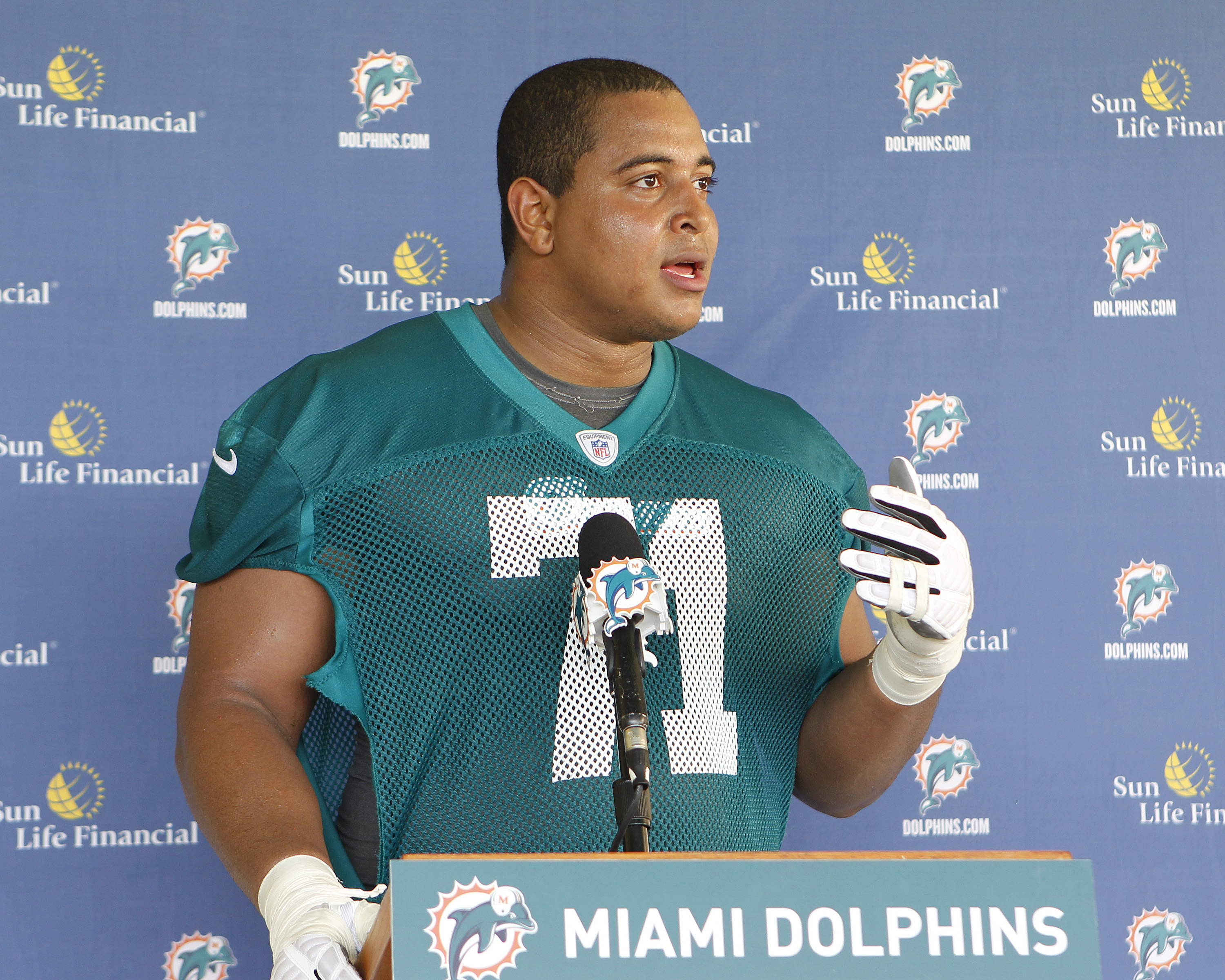 Jonathan Martin talks to the media after the rookie minicamp on May 4, 2012 at the Miami Dolphins training facility in Davie, Florida. (Credit: Joel Auerbach/Getty Images)