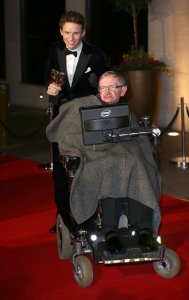 Eddie Redmayne and Stephen Hawking attend the after party for the EE British Academy Film Awards at The Grosvenor House Hotel on Feb. 8, 2015 in London, England. (Credit: Tim P. Whitby/Getty Images)