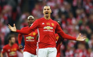 Zlatan Ibrahimovic of Manchester United celebrates as he scores their first goal during the EFL Cup Final match between Manchester United and Southampton at Wembley Stadium on February 26, 2017 in London. (Credit: Michael Steele/Getty Images)