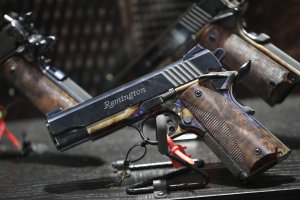 Custom Remington pistols are displayed at the 146th NRA Annual Meetings & Exhibits on April 29, 2017 in Atlanta, Georgia. (Credit: Scott Olson/Getty Images)