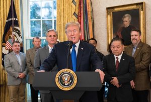 President Donald Trump announces that Broadcom will be moving back to the U.S. in the Oval Office at the White House in Washington, D.C, on Nov. 2, 2017. (Credit: NICHOLAS KAMM/AFP/Getty Images)