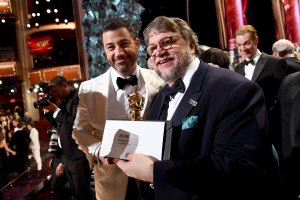 In this handout provided by A.M.P.A.S., Jimmy Kimmel and Guillermo del Toro are seen at the 90th Annual Academy Awards at the Dolby Theatre on March 4, 2018 in Hollywood. (Credit: Matt Petit/A.M.P.A.S via Getty Images)