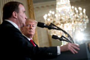 President Donald Trump, right, listens as Stefan Lofven, Sweden's prime minister, speaks during a joint news conference in the East Room of the White House on March 6, 2018 in Washington, D.C. (Credit: Andrew Harrer-Pool via Getty Images)